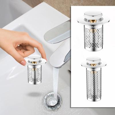 Waschbeckenstöpsel fürs Badezimmer mit Auffangbehälter, Waschbeckenstöpsel mit Filterkorb aus Edelstahl, geeignet für Löcher von 1,3 bis 2,1 Zoll
