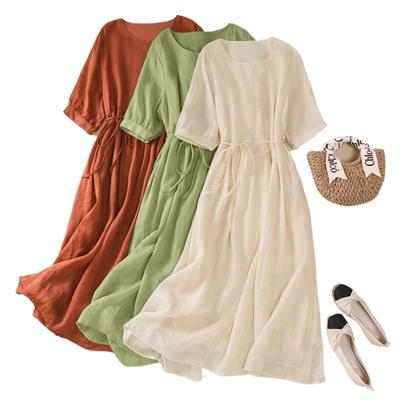 Real Shot Summer New Literary Loose Embroidery Flower Round Neck Short-sleeved Dress Women's Medium and Long