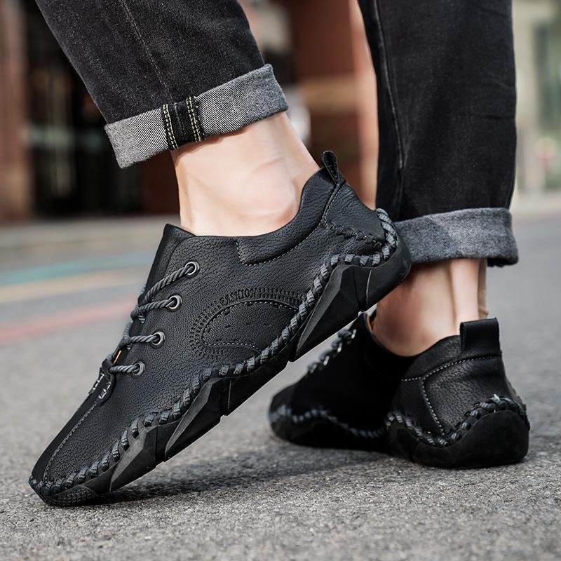 Men Brown Moccasins Hiking Shoes Handmade Black Flats Driving Shoes Casual Wide Head Shoes Plus Size