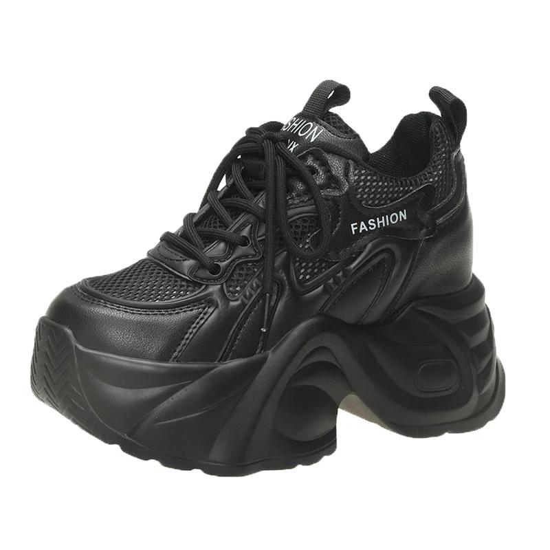 8.5CM Women Summer Hollow Breathable Mesh Chunky Sneakers Microfiber Leather Comfy Casual Dad Shoes Female Platform Sports Shoes