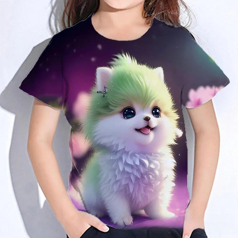 Summer Round Neck 3D Cat Printed Top Fashionable Casual Short Sleeved Children's Girl T-shirts
