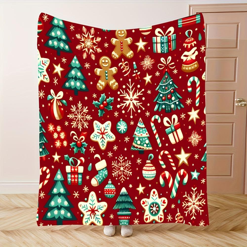

1pc Christmas Tree Gingerbread Man Snowflake Print Flannel Blanket Cozy All-Season Bedding for Napping Camping Travel 30x40in