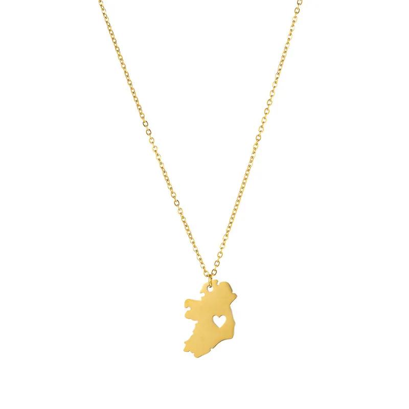 Ireland Map Pendant Necklace with Heart Stainless Steel Outline Irish Dublin Motherland Hometown Chain Clavicle Collar Choker