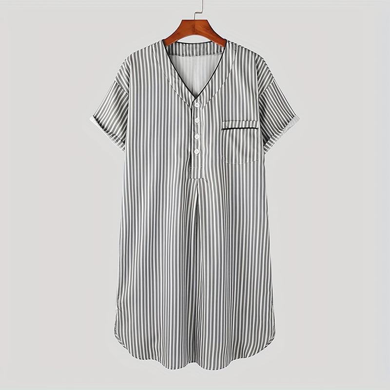 

2026 Men s Striped V-Neck Button Casual Short-Sleeved Loose Nightgown Small серый