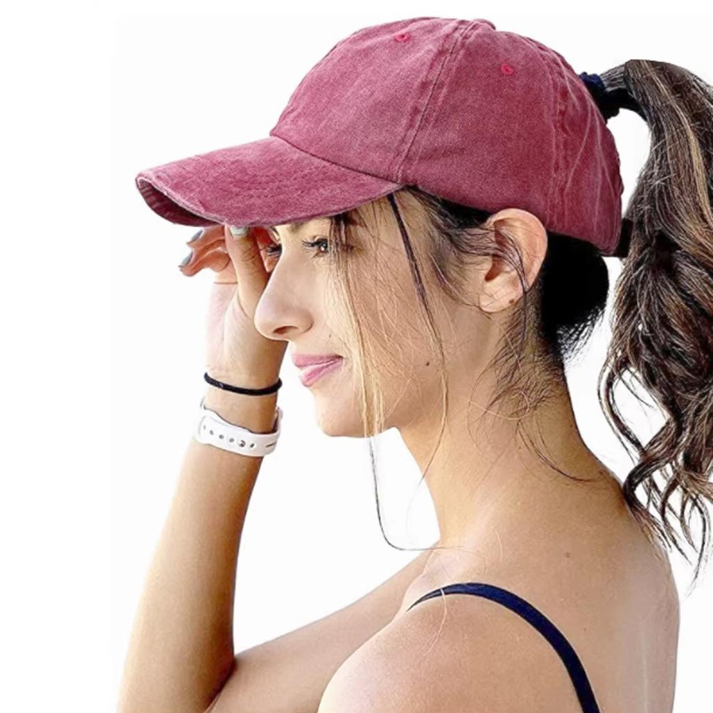 Cappello da donna, per coda di cavallo alta, vintage vintage, lavato, morbido in alto, berretto con visiera, versatile, tinta unita, berretto da baseball, primavera e