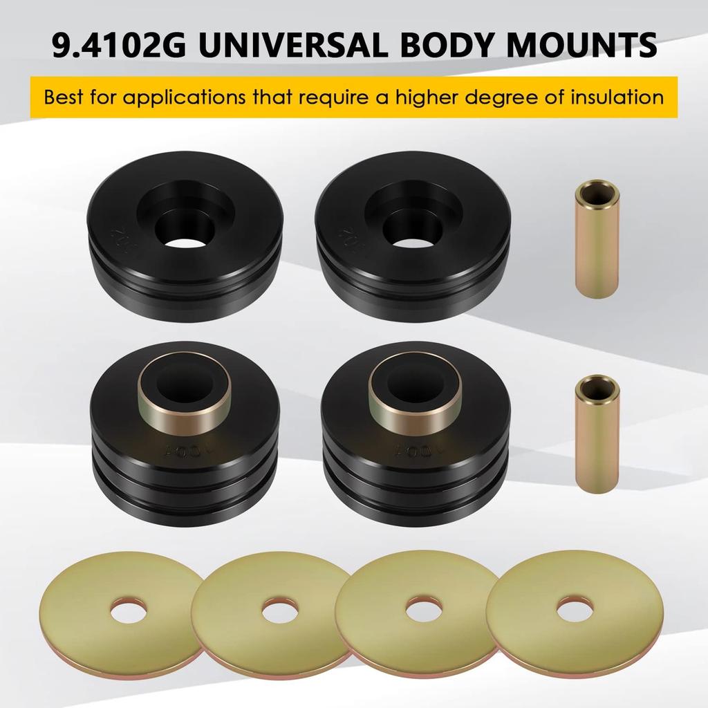 9.4102G Universal Mounts Body Mounting Bushings Universal Polyurethane Mounts / Isolators, Including 4 Washers, 2 Sleeves and 4 Bushings (Black, 2