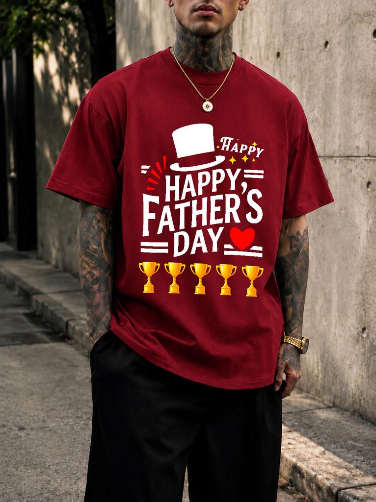 2026 New Pure Cotton Tshirt Happy Fathers Day Hat Trophy Slogan Print Round Neck Short Sleeve Casual Top