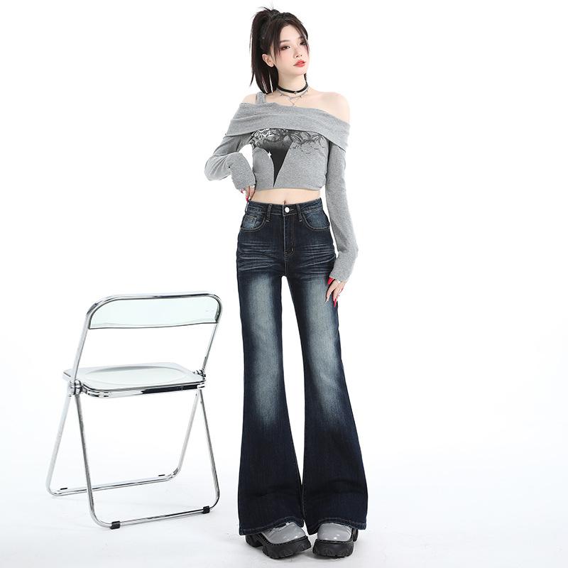 Autumn new dark blue high-waisted micro-pull jeans women's American non-stick leg elastic Spice girl straight-leg flared pants