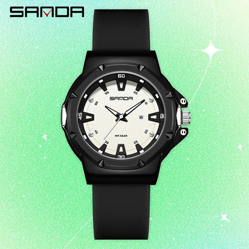 SANDA 3260 Sleek Trendy Student's Quartz Watch Silicone Strap Auto Calendar Waterproof Casual Wear Wristwatch for Adolescent