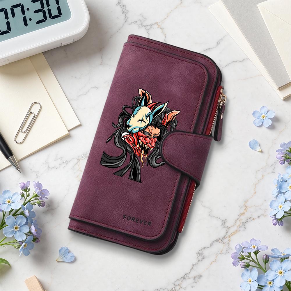 Gothic Oni Mask Print Long Wallet Cool Fashion Card Holder Portable Casual Money Pouch For Daily Use