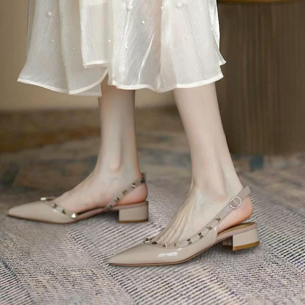 Rivet Sandals 2025 New Summer Patent Leather Rear Empty Pointed Single Shoes Women's Bag Head Medium Heel Thick Heel Versatile Flat Shoes