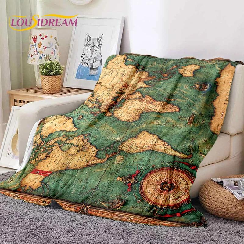 Retro Antike Seekarte Kraft Weltkarte Kompass Weiche Decke, Weiche Überwurfdecke für Zuhause Schlafzimmer Bett Sofa Abdeckung Kind