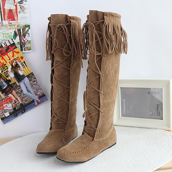 WISH Women's Boots Fringed High Boots Women's Shoes Lace-up Round Head Flat Heel Knee Length Single Boots Women's Shoes
