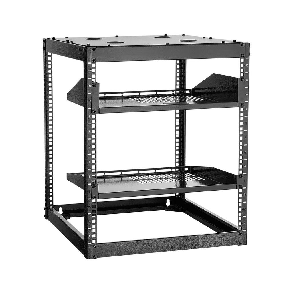 12U Open Frame Network Rack, 585 mm Depth, Wall Mounted or Floor Standing Server Rack, Heavy Duty 4 Post, with Vented Shelves & Mounting Hardware,