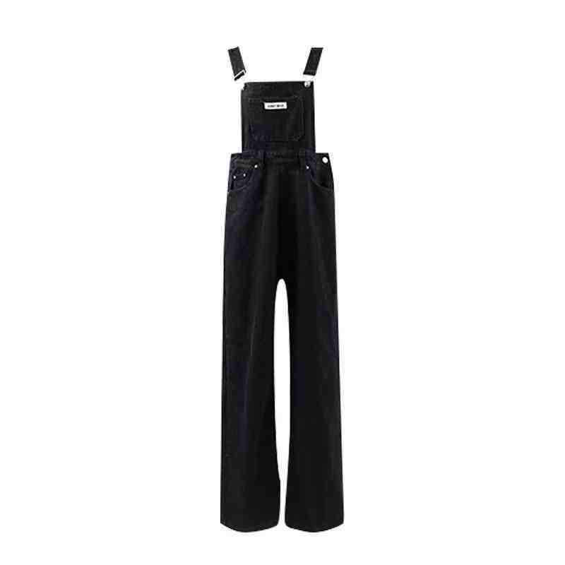 Damen Schwarz Denim High Waist Weites Bein Jumpsuit - Frühling/Herbst Altersmindernd Bodenlang Overalls