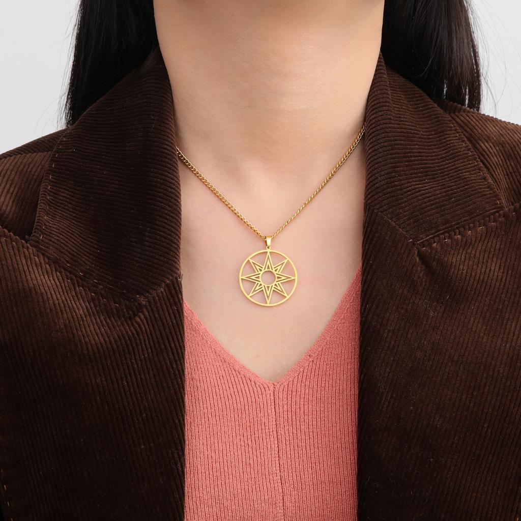 Titanium Steel Cut Circle Ring Eight Point Star Pendant Necklace Unisex Hip Hop Punk Jewelry