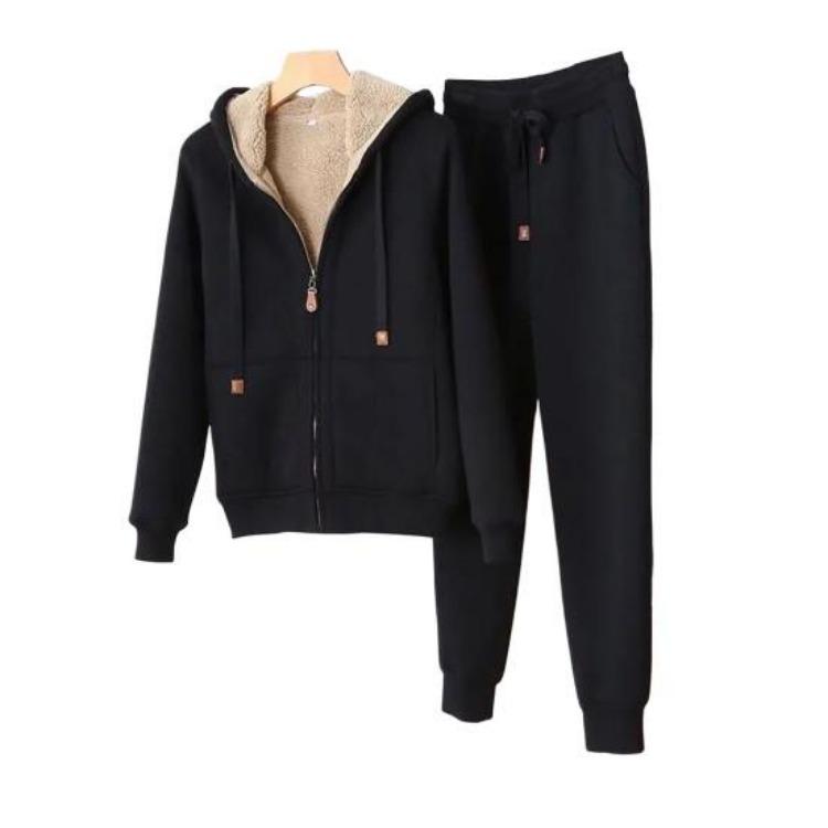 

Women Winter Tracksuit Set 2Pcs Fleece Lining Hooded Sweatshirt Long Sleeves Elastic Waist Zipper Closure Multi Pockets Jogging Solid Color Fall M чёрный