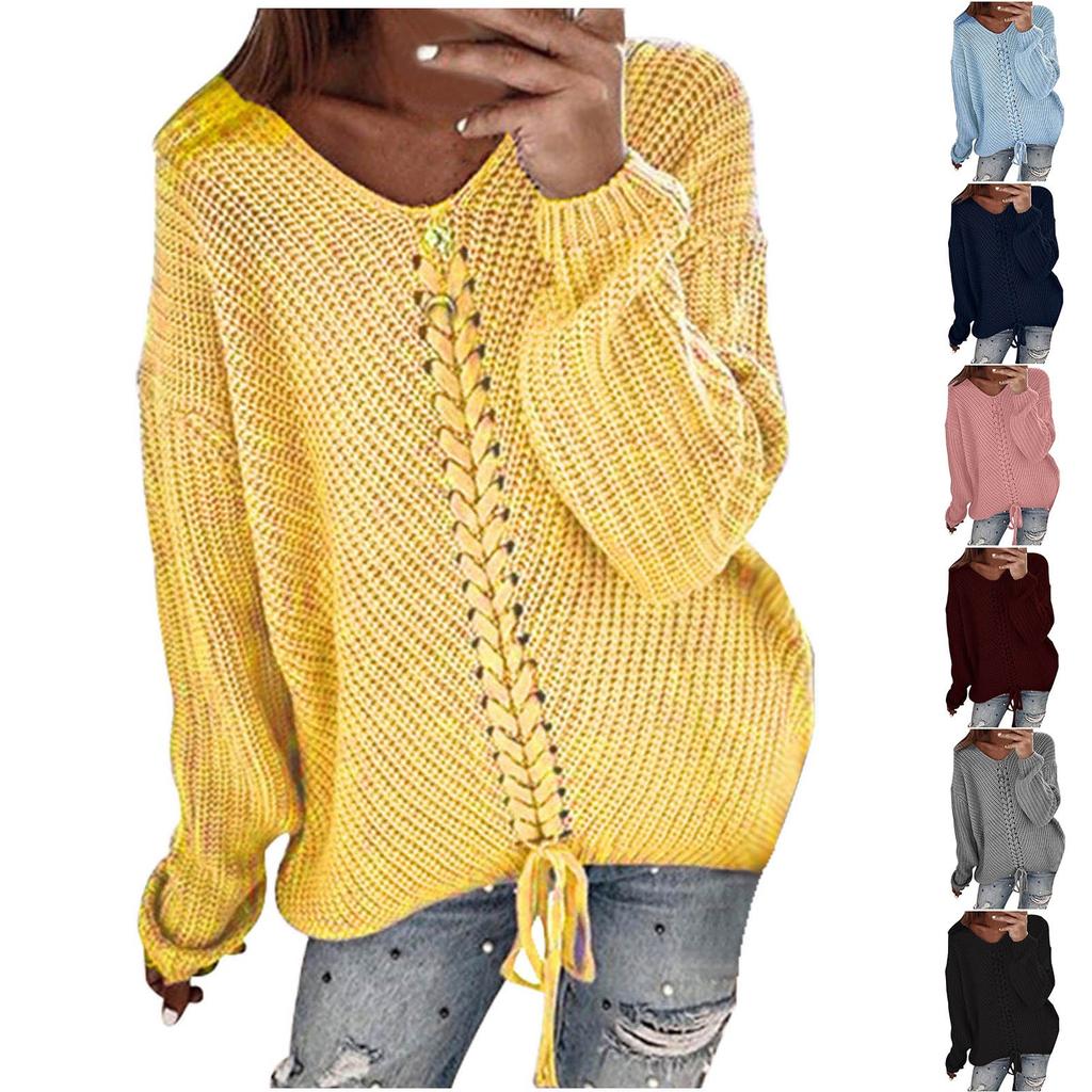 Women's Sweater Casual Long Sleeve V Neck Solid Loose Chunky Knit Pullover Tops