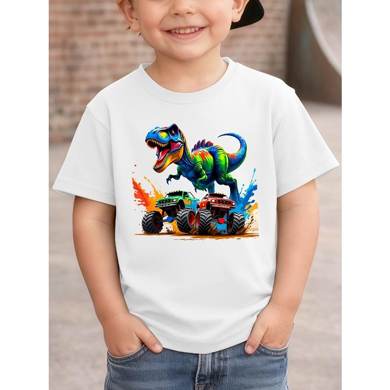European Sizes Boys' Dinosaur T-Shirt with T-Rex & Print - Short Sleeve Round Neck Casual Top, Suitable For, Playdates