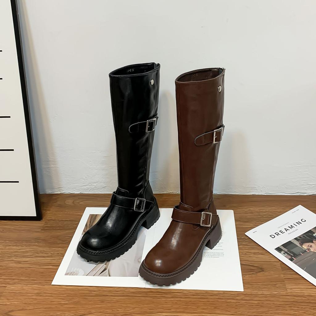 Internet celebrity long knight boots belt buckle Korean version of women's boots small thick sole heightening women's boots wear high-end boots