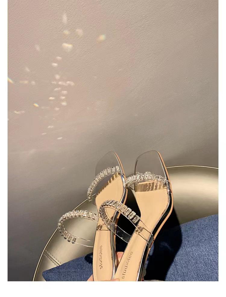 Summer 2025 Korean Fairy Square Toe Rhinestone Strap Transparent Chunky Heel Sandals for Women