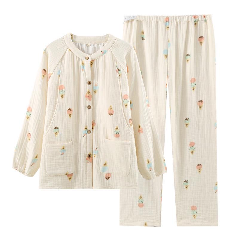 Silné bavlněné těhotenské pyžamo na jaro, podzim a zimu - Čtyřvrstvá gáza pro pohodlí v těhotenství, po porodu a při kojení