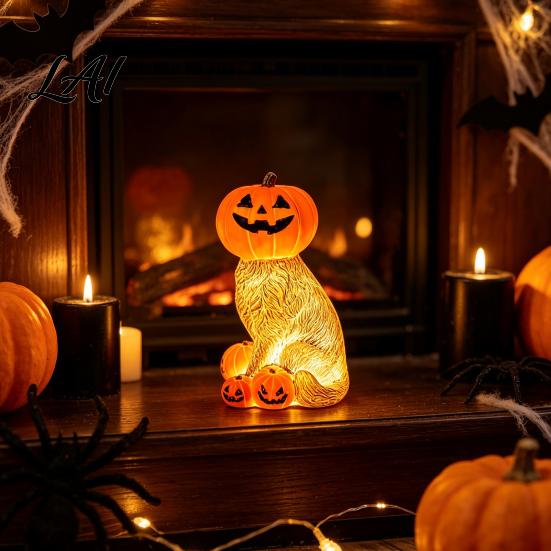 Whimsical Cat Halloween Statue Lighted Pumpkin Figurine Spooky Tabletop Resin Sculpture Indoor Window Display Accessory Autumn Fall Ornament