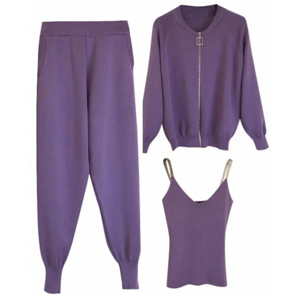 3 Piece Set Women Knitted Set Zipper Cardigan Jacket+pencil Pant+camisole Matching Sets Purple Black Khaki Outfits for Women