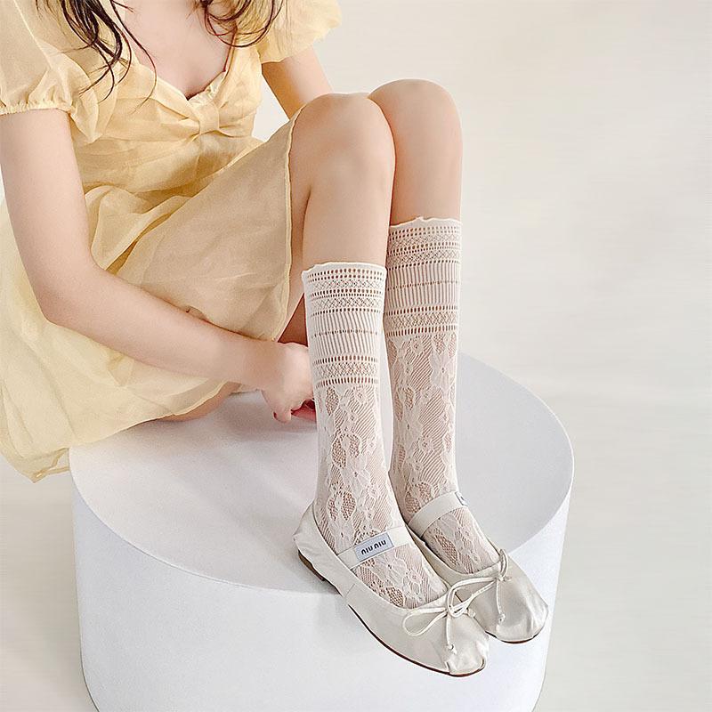 Women's Summer Thin Lace Flower Perforated Mesh Mid-calf Socks with Black Fungus Edges. Women's Pile Socks