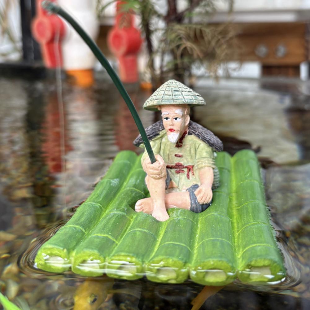 Resin Fisherman Decor Bamboo Raft Fisherman Figurine Elderly Fisherman Resin Statue for Outdoor Decoration for Yard