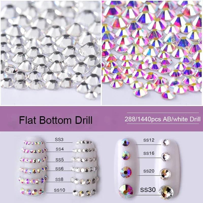 288/1440pcs/pack SS3-SS50 Crystal AB Transparent Nail Rhinestones Flat Bottom Kit Nail Decoration DIY Drill Manicure Accessories