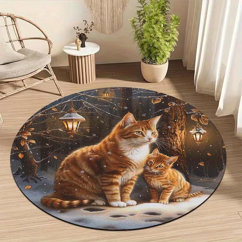 Round Cute Kitten Rug Vintage Pattern Office Mat Bedroom Desk Mat Kids Play Reading Area Carpet Non Slip Floor Cover Home