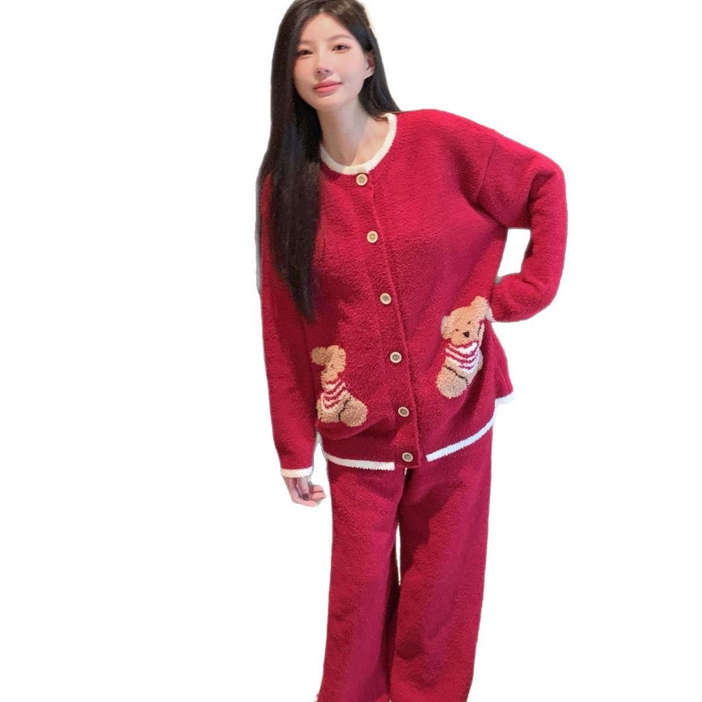 New Year's red pajamas women's half velvet Christmas bear sweet pajamas soft waxy thickened lazy wind women's loungewear