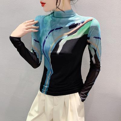 Retro Half-high Neck Base Shirt for Women Long Sleeve Mesh Printing Fashionable Age-reducing Inner Tower Top Slim T-shirt Winter