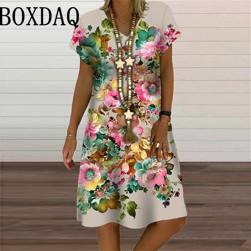 3D Butterfly Pattern Dress For Summer 2024 Women Clothes Oversized Fashion Short Sleeve Flower Print Dress Casual V-Neck Dresses