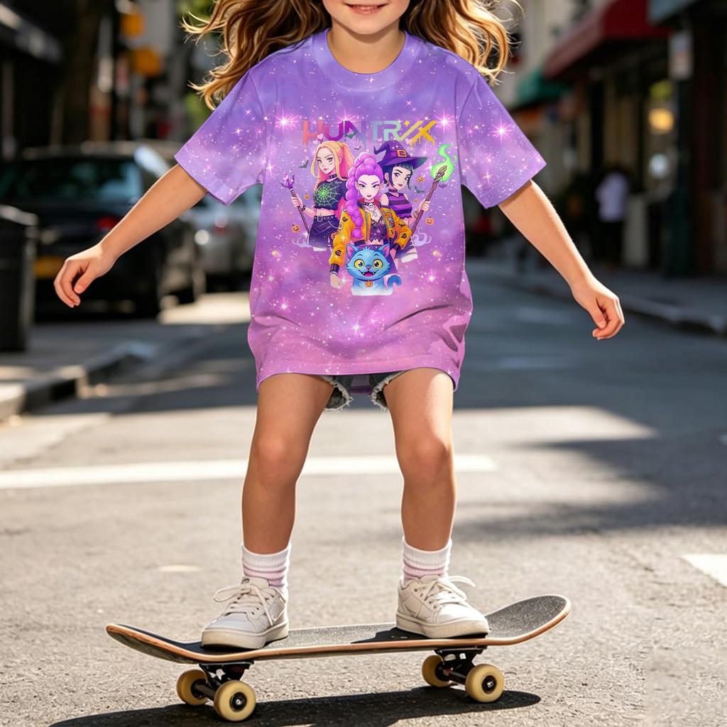 Girls Loose Fit Short Sleeve T Shirt Halloween Inspired Demon Hunter Print Casual Comfortable Top for Kids