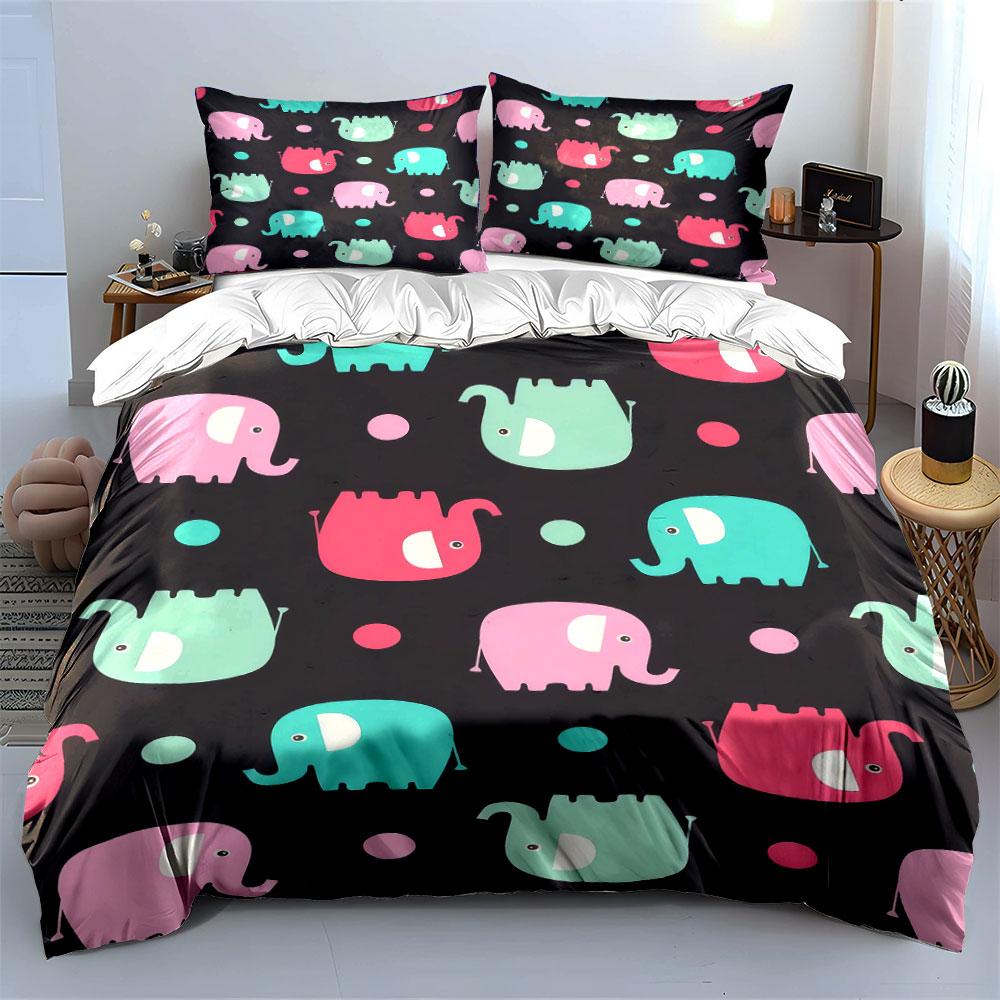 Colorful Elephant Pattern Decor Set Soft Comfortable Duvet Cover Bedding Set Included 1*Duvet Cover & 2*Pillowcases, Gift