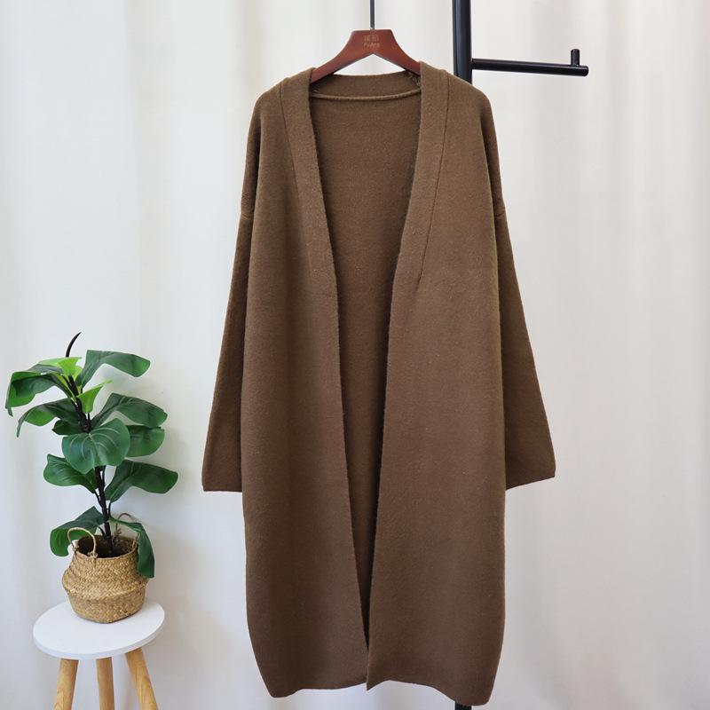 Long over-knee knitted cardigan autumn and winter new loose lazy style solid color temperament sweater jacket women