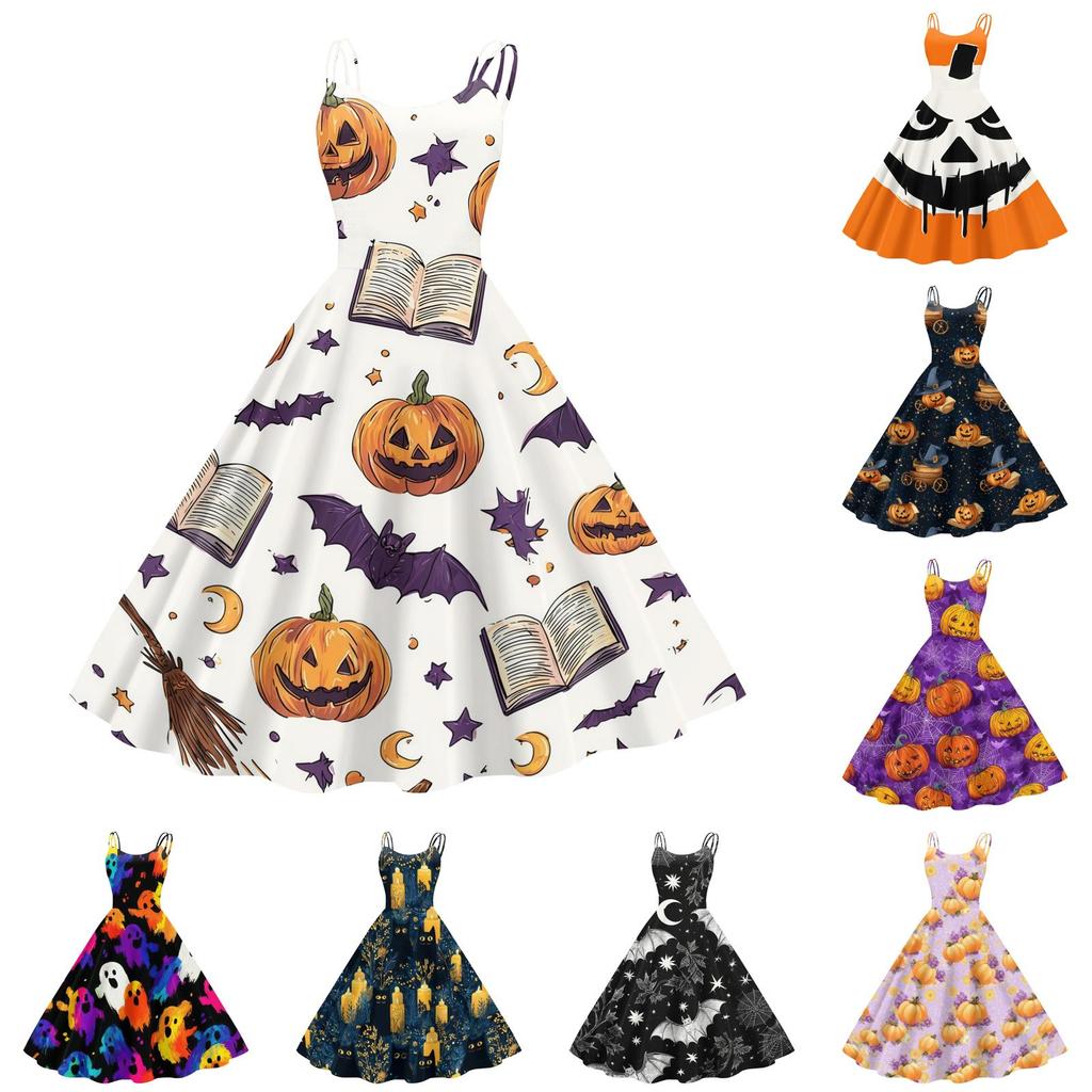 Women's Vintage Punk Off Shoulder Dress Halloween Print Sleeveless Spaghetti Strap Swing Dress Retro Gothic Style Dress