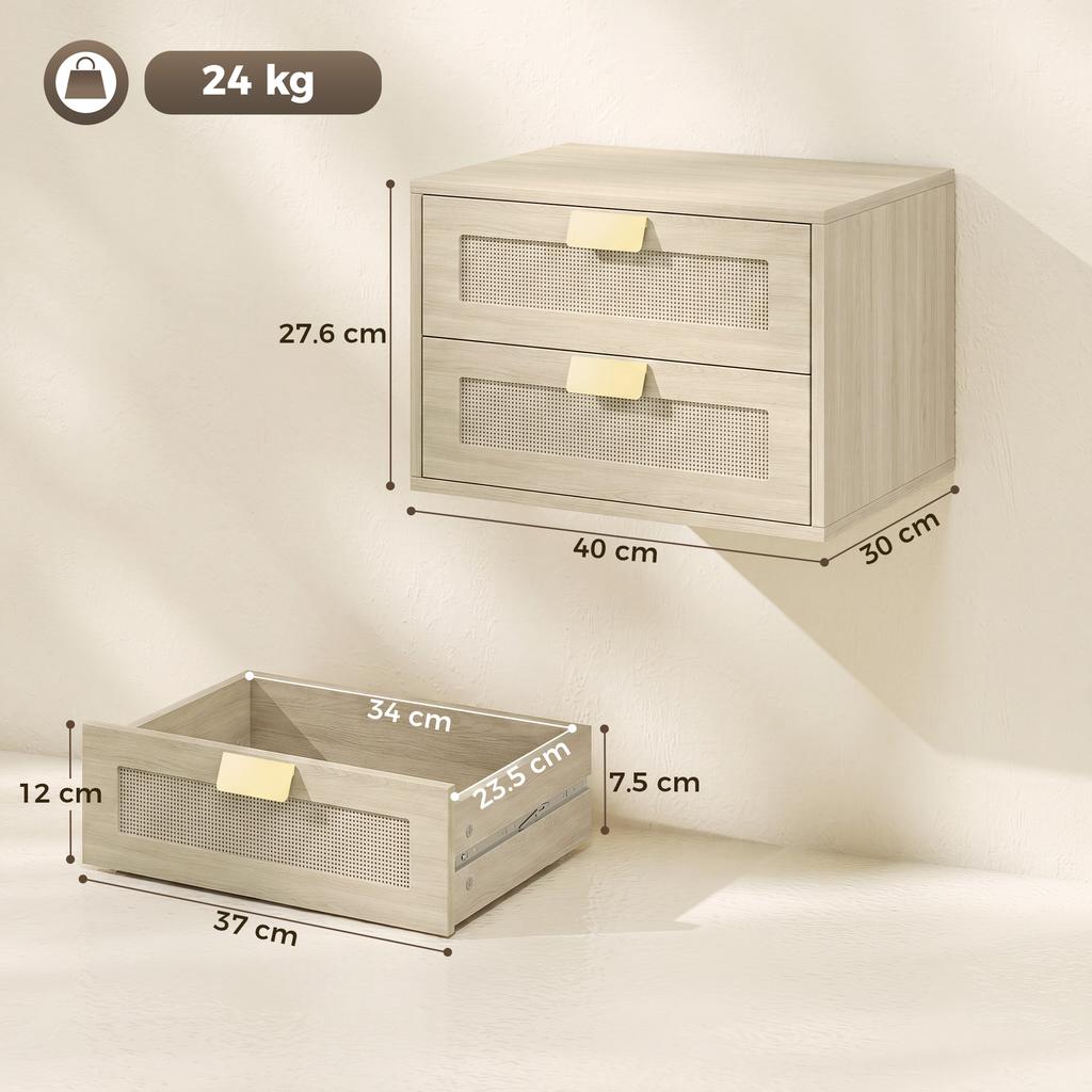 Modern Floating Nightstands Set of 2, Wall Mounted Bedside Tables with 2 Drawers, Oak
