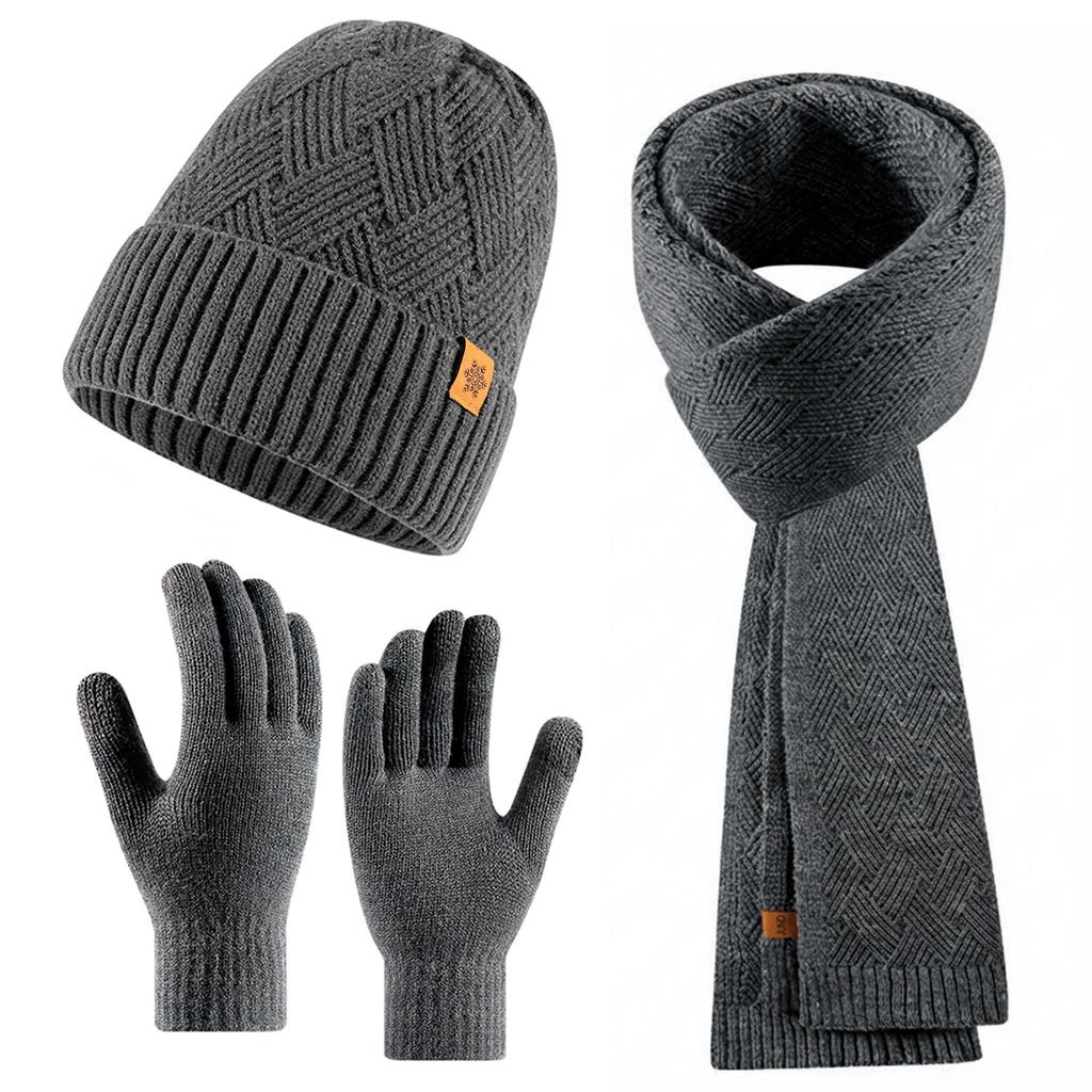 Knitted hat, men's autumn and winter thermal kit, double-layer plush wool knitted hat, scarf and gloves three-piece set