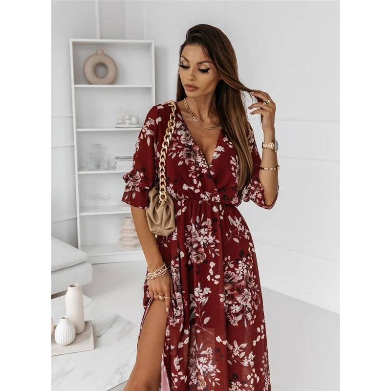 Women's Summer Dress Long Sleeve V-neck Side Slit Printed Long Dress