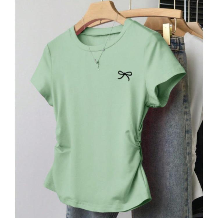 Korean Version Summer T-shirt Slim Fit Plus Size Waist Cinching Top New Shoulder Short Sleeved Slimming Effect Versatile Chubby