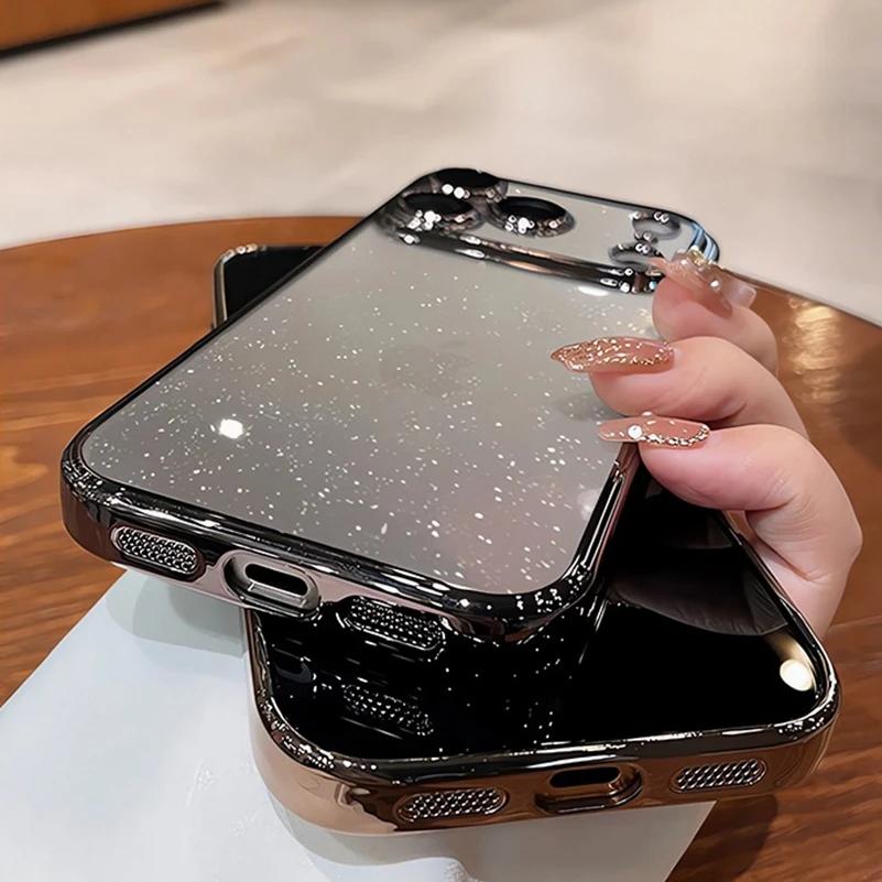 Transparent Glitter Plating Case for For Iphone 16 14 1 17 Pro Max Air 16 Plus 13 12 11 Lens Protector Bling Hard PC Cover