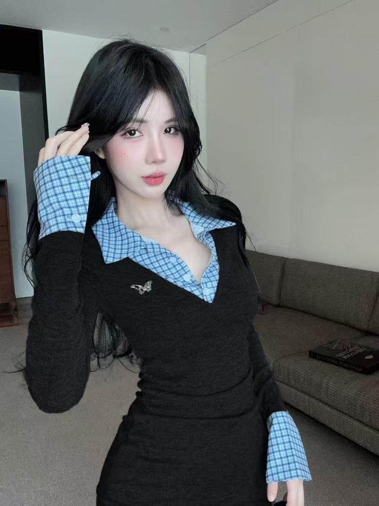 [Sheep Wool Grinding] College Style Plaid Splicing Lapel Fake Two-piece Dress Spice Girl Knitted Hip Skirt Short