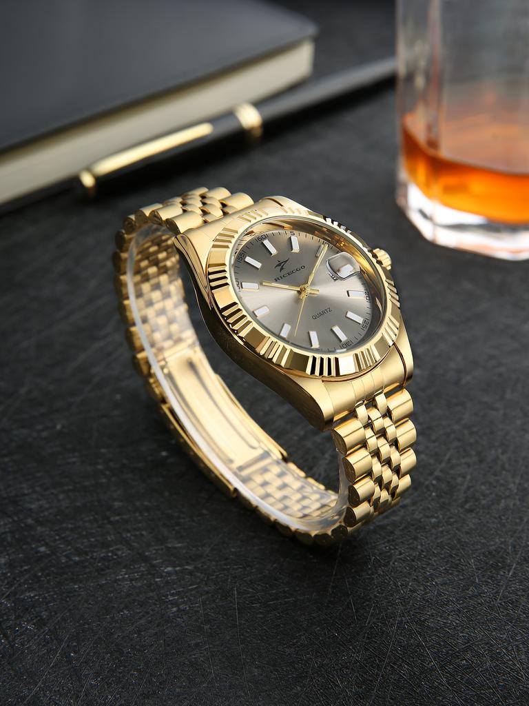RICECGO Popular Classic Men's Sports Alloy Case Men Watches with Calendar Dial  Men Stainless Steel Belt Watch Luminous Watches
