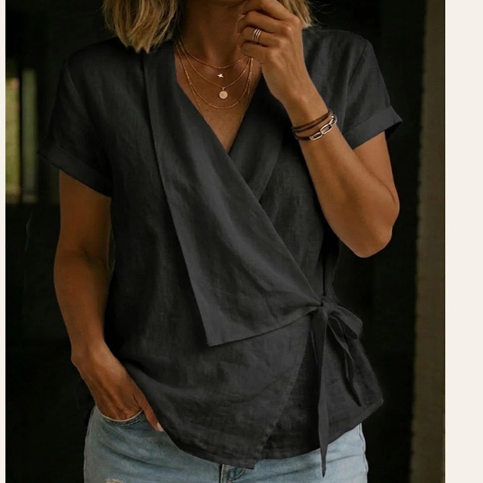 Womens Spring Tops Wrap V Neck Short Sleeve Blouse Comfortable Summer Shirts for Women Casual Womens Summer Shirts 2026 L чёрный