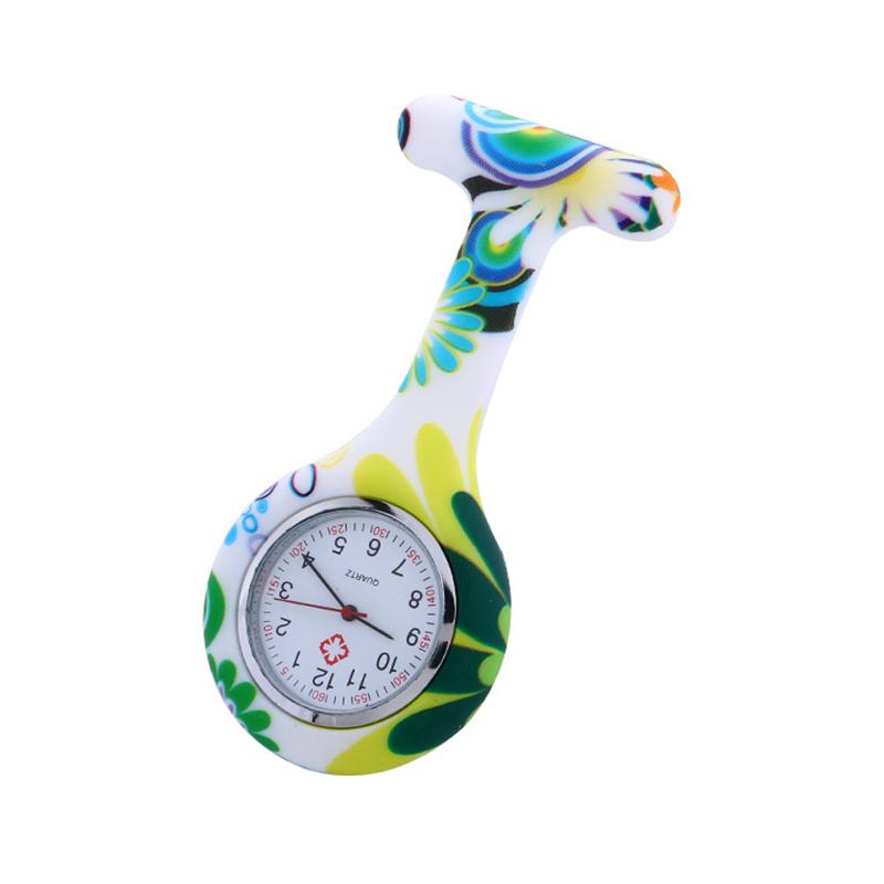 Unisex Silikon Runde Krankenschwesteruhr Clip-on Anhänger Brosche Reversuhr mit Blumenmuster Abdeckung