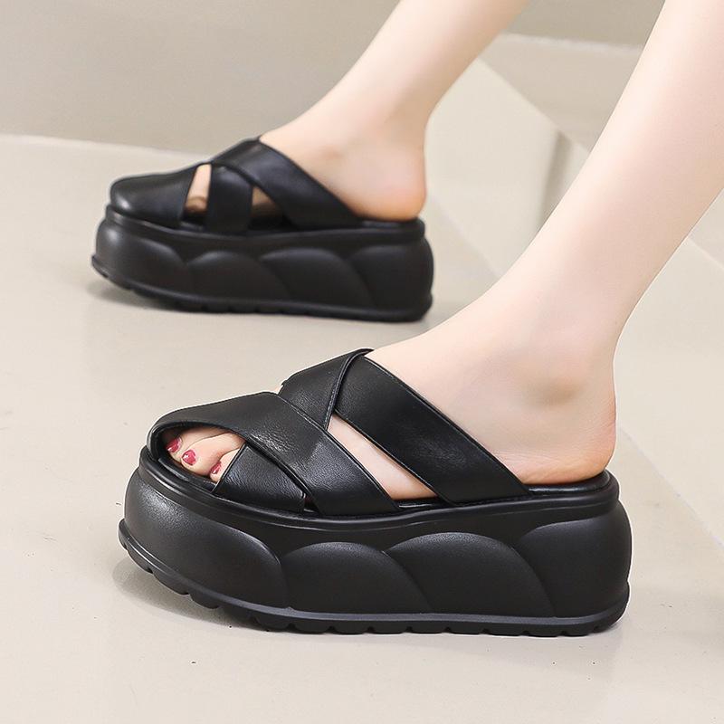 Real soft leather bag head half slippers women's outer wear 2025 summer new thick-soled comfortable fashionable versatile soft-soled slippers