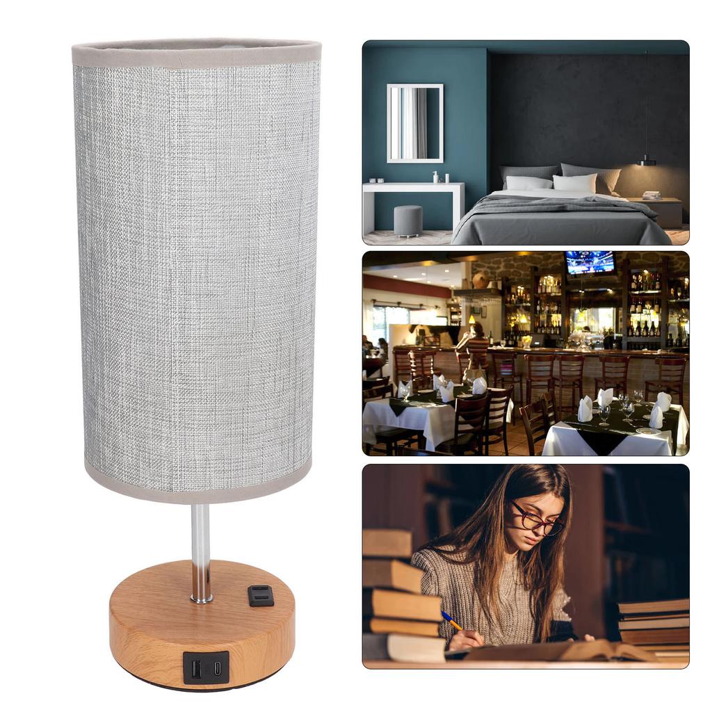 Touch Control Table Lamp Metal and Cloth USB Charging Three Gear LED Nightstand Lamp with Wood Grain Base for Bedroom  
